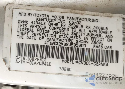 2002 Toyota Camry Le from USA, damaged, VIN 4T1BE32K82U595200